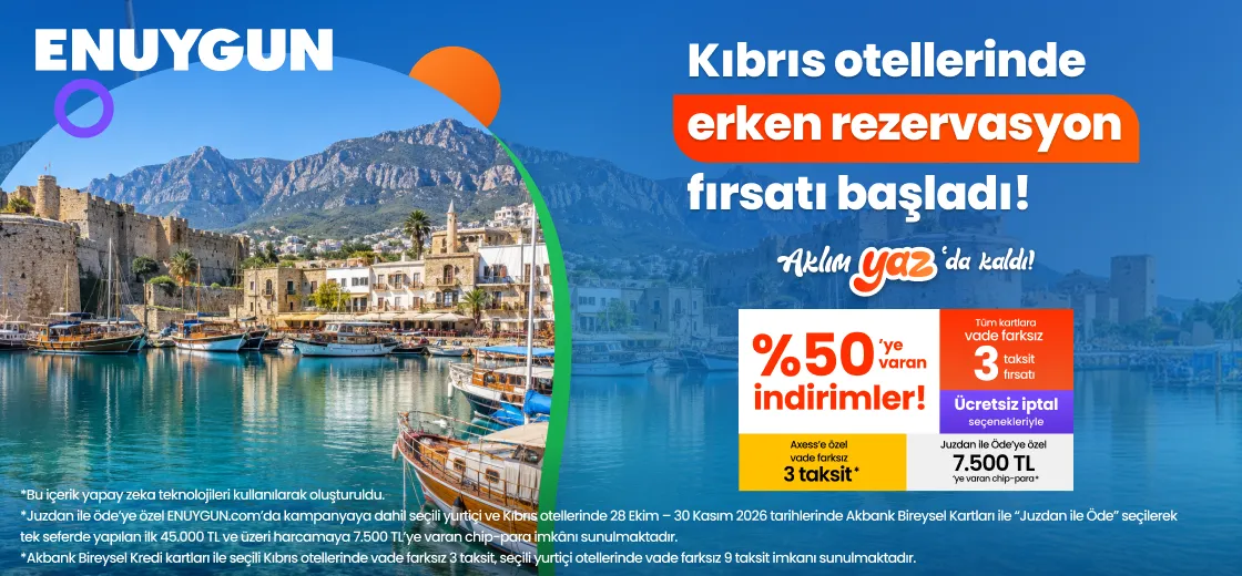 Seçili Kıbrıs erken rezervasyon otellerinde peşin fiyatına 3 taksite varan avantajlar!