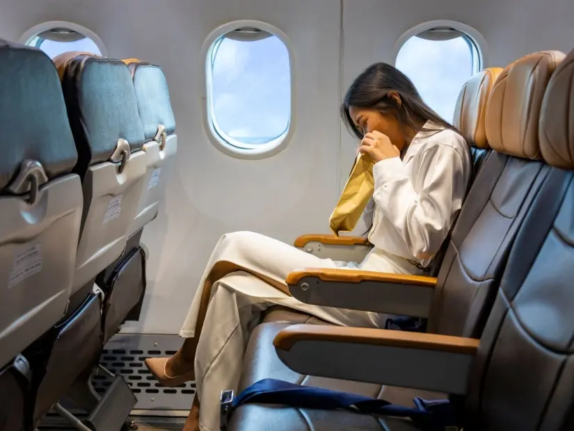 Asyalı kadın, aerofobi nedeniyle uçuş sırasında kusmuk torbası kullanarak uçakta kusuyor
