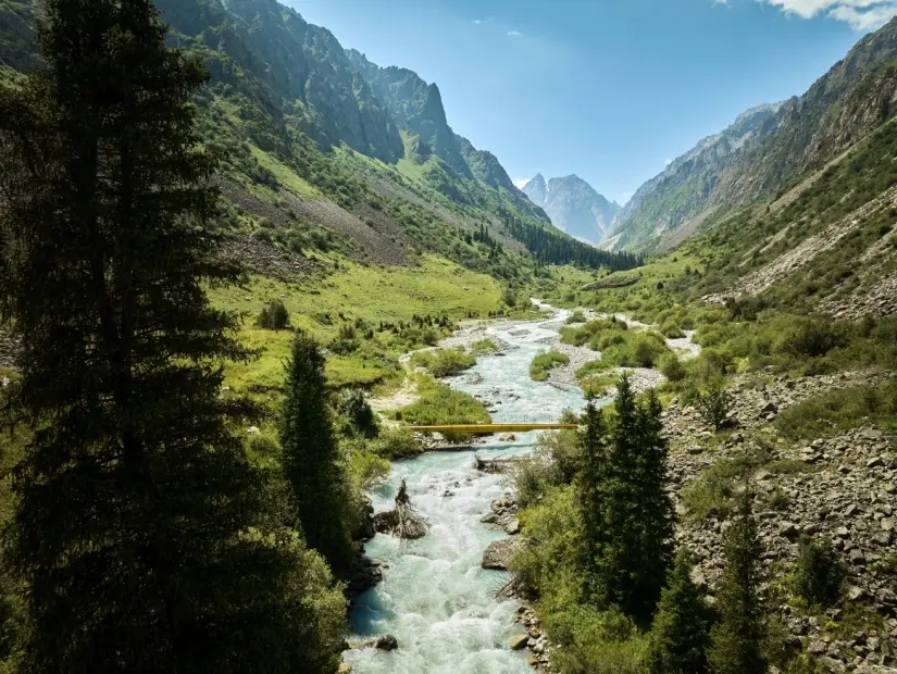 Ala Archa Milli Parkı'ndaki Ala Archa nehri, köprüsü ve vadisinin görünümü
