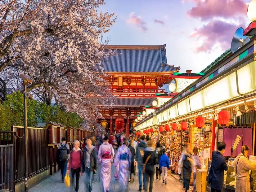 Asakusa'daki alışveriş caddesinde turistler, Tokyo Japonya ilkbaharında sakura ağaçları ile Sensoji Tapınağı'na bağlanıyor