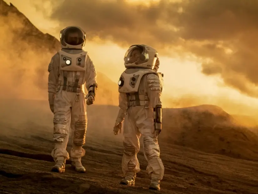 Uzay Elbiseli İki Astronot Mars'ta yürüyor