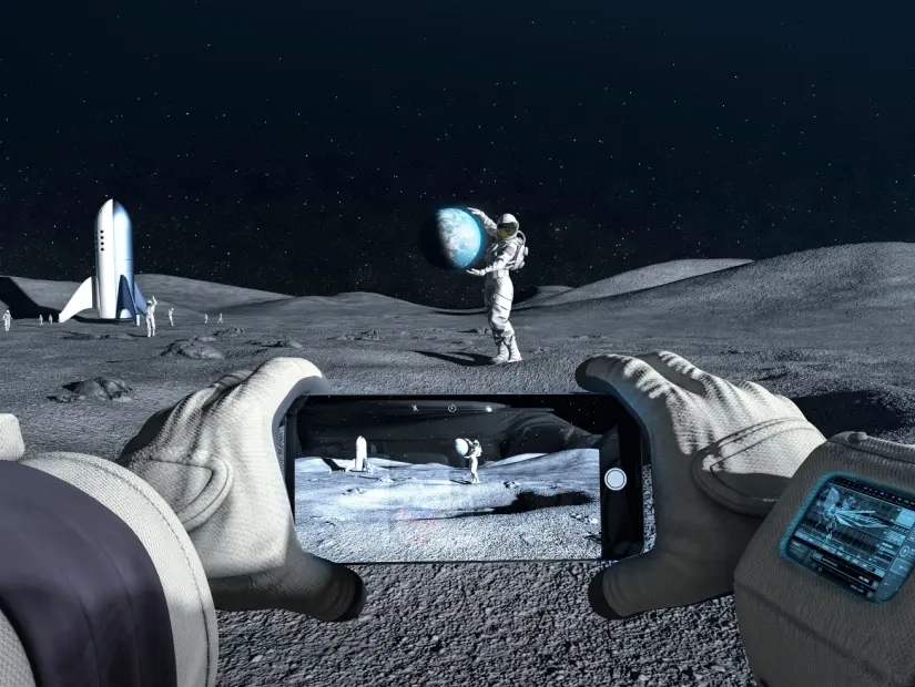 Astronot çift ay bir uzay tatili sırasında fotoğraf çekiyor