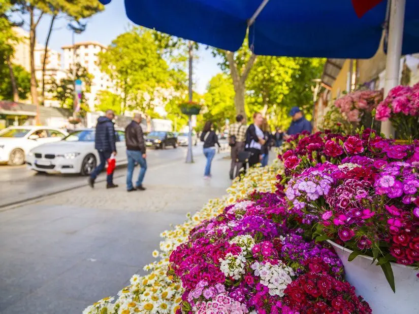 ön planda Bağdat Caddesi'nde satılan renkli çiçekler 