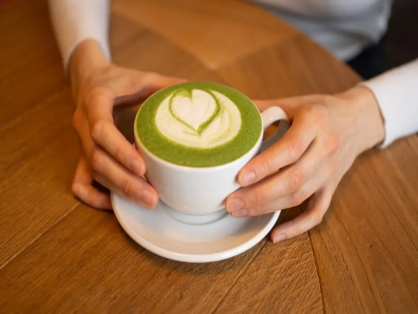 Ahşap bir masanın üzerine yerleştirilmiş, kalp şeklinde latte sanatıyla süslenmiş beyaz bir matcha latte bardağı tutan kadın elleri