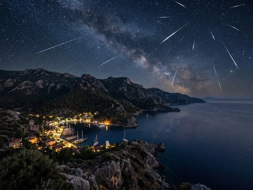 Bozburun Yarımadası, Muğla perseid meteor yağmuru görünümü yapay zeka ile üretilmiştir
