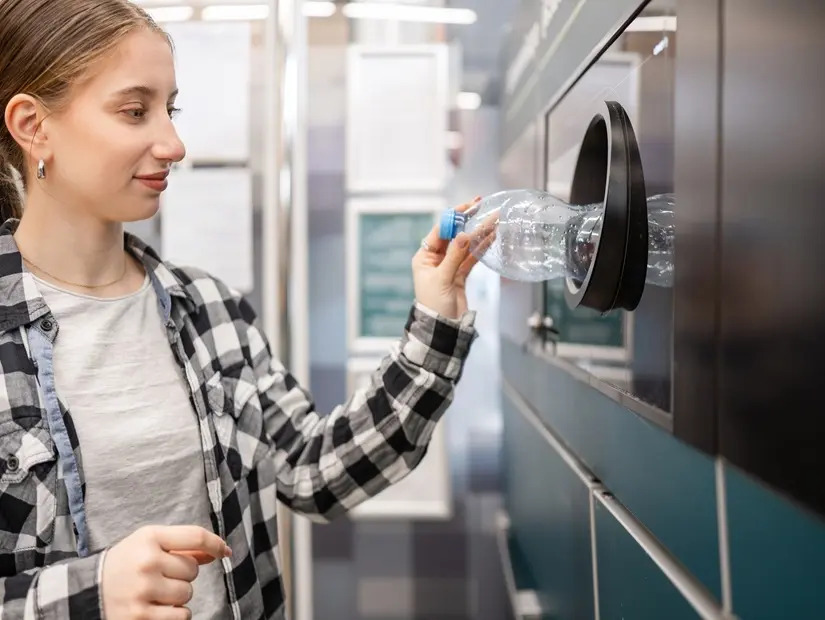 Kız süpermarkette makinede boş plastik şişeyi geri dönüşüme atıyor