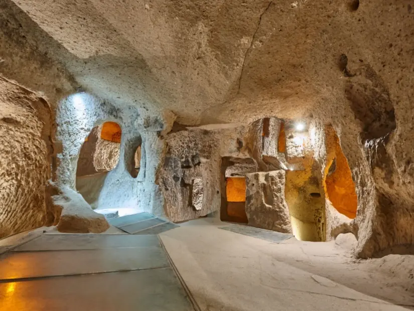 Derinkuyu yeraltı şehrinin iç koridoru. Kapadokya, Türkiye