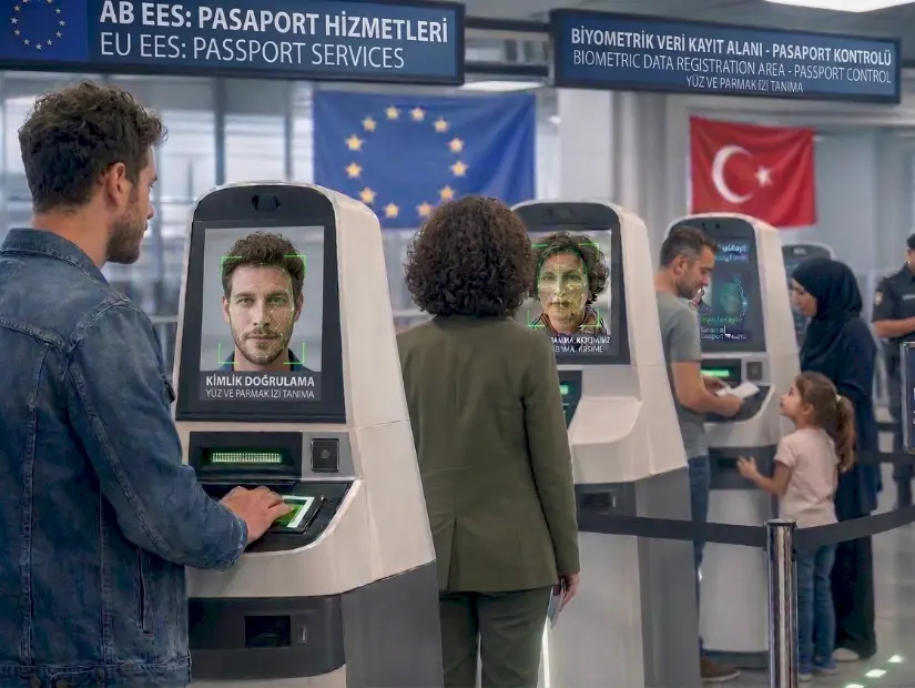 havaalimanı yüz kimlik doğrulama yapan yolcular EES sistemi örnek görselidir