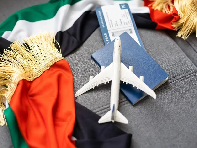 Gri bir arka planda pasaport ve Birleşik Arap Emirlikleri bayrağı.
