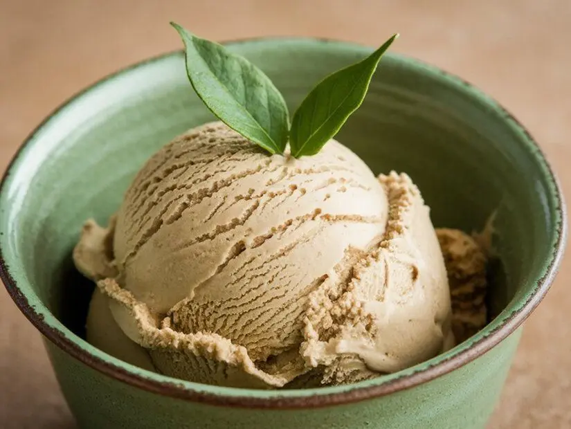 Hojicha Dondurma: Kızarmış yeşil çay dondurması, fındık tadı ve pürüzsüz bir doku ile.