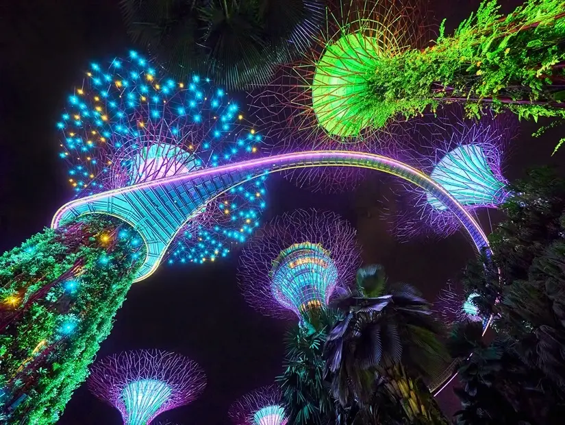 i Light Singapur - Singapur Gardens By The Bay'de alacakaranlıkta ışık gösterisi ve yükseltilmiş yürüyüş yolugörünümü