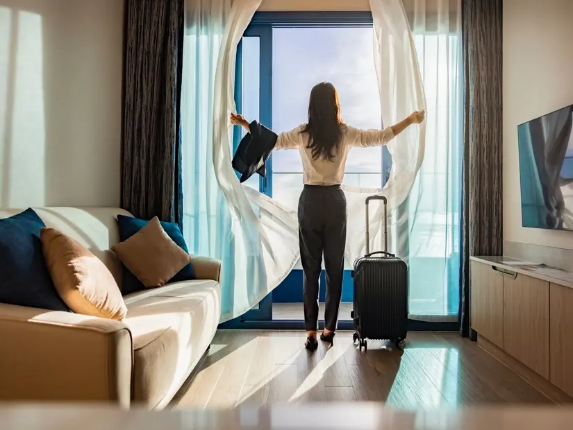 Bavulu olan  iş kadını otel odasının perdelerini açıyor