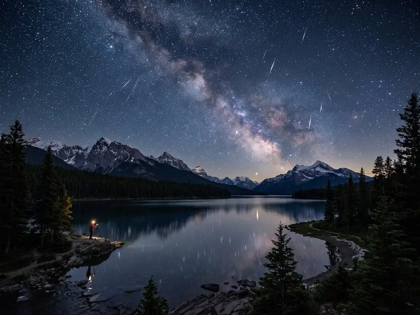 Jasper Ulusal Parkı, Kanada perseid meteor yağmuru görünümü yapay zeka ile üretilmiştir