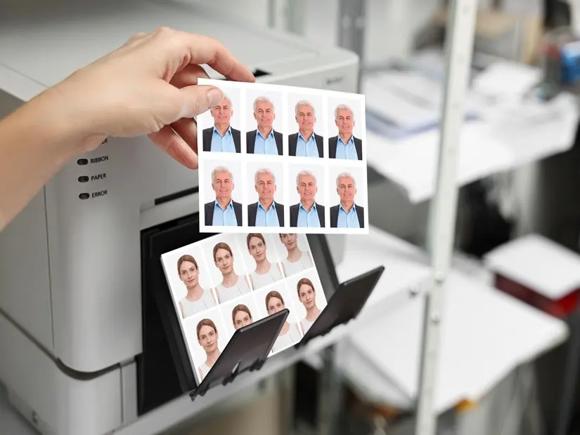 Modern yazıcı iç mekanlarına yakın kadın ve erkeğin pasaport fotoğraflarına sahip çalışan