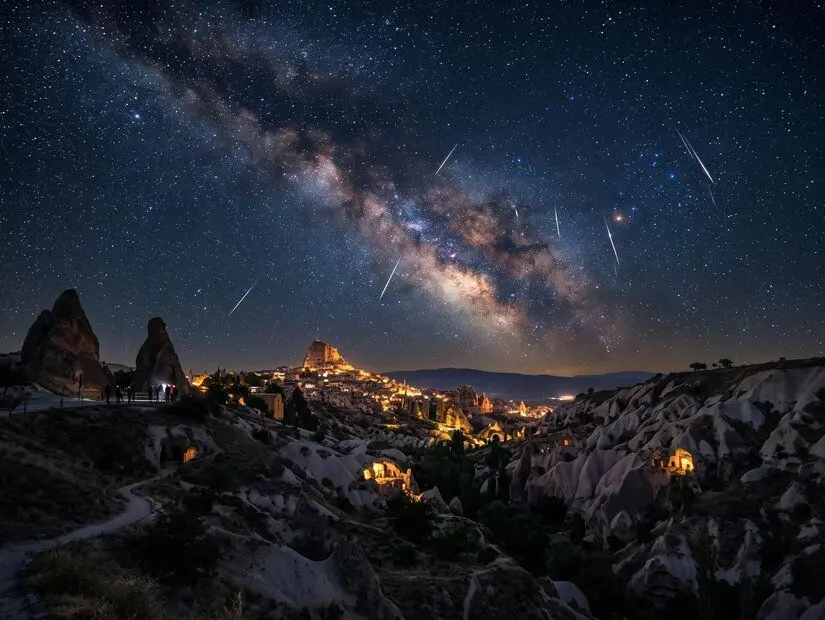 Kapadokya, Nevşehir perseid meteor yağmuru görünümü yapay zeka ile üretilmiştir