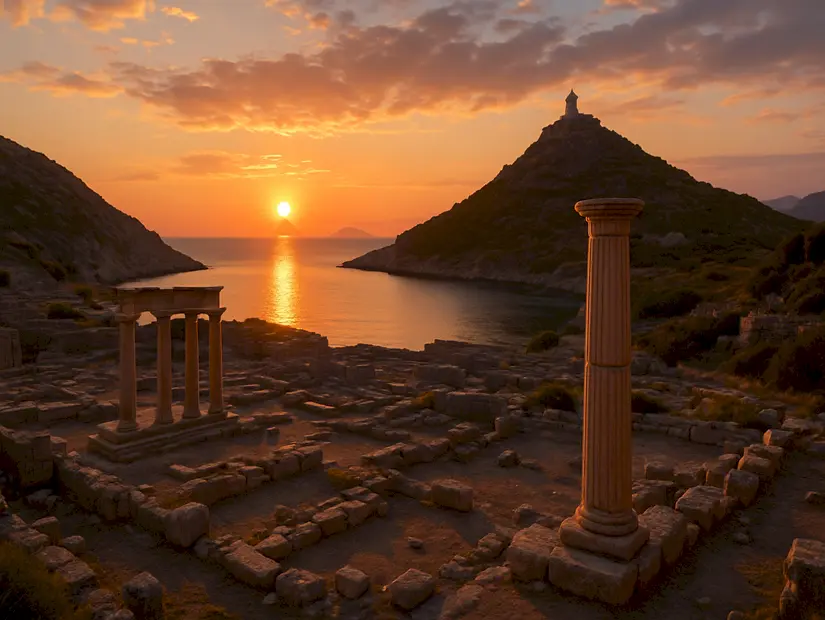 Knidos Antik Kenti gün batımında manzarası