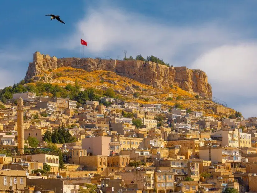 Mardin evleri arka planında mardin kalesi görünümü
