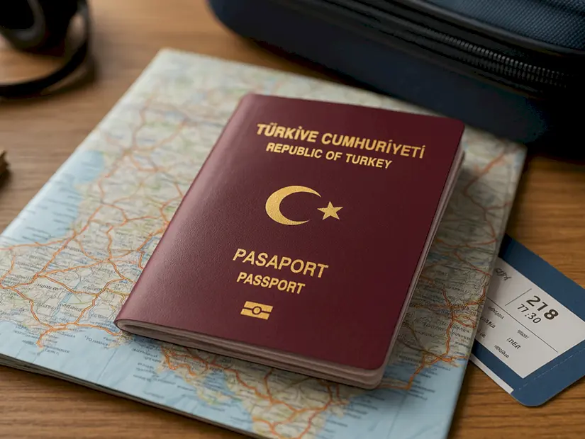 masa üzerinde katlanmış dünya haritası ve pasaport