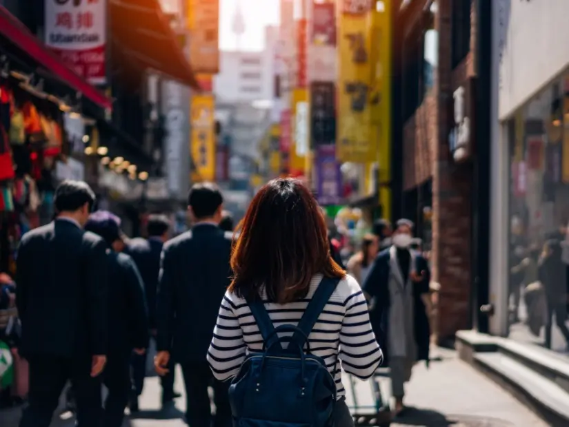 Güney Kore Myeongdong sokak pazarında seyahat eden ve alışveriş yapan genç Asyalı kadın