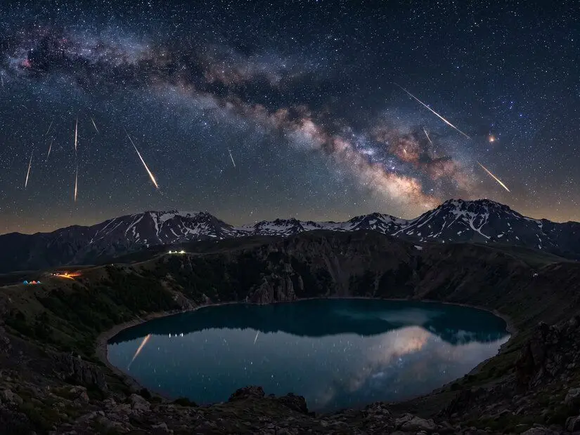 Nemrut Krater Gölü, Bitlis perseid meteor yağmuru görünümü yapay zeka ile üretilmiştir