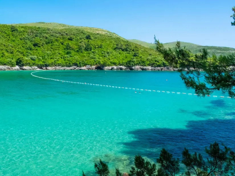 Yaz güneşli manzara. Radovici. Tivat Körfezi