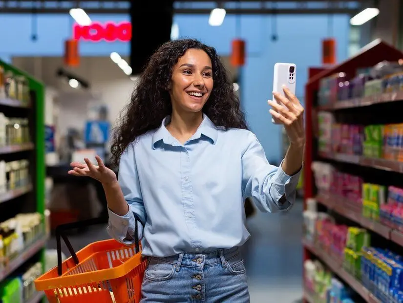 Kadın süpermarkette raflar arasında sepetiyle duruyor ve telefondan görüntülü görüşme yapıyor