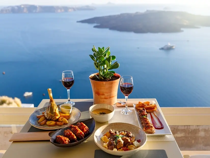 Yunanistan'ın Santorini adasına ve denize bakan bir restoranda iki kişilik akşam yemeği.