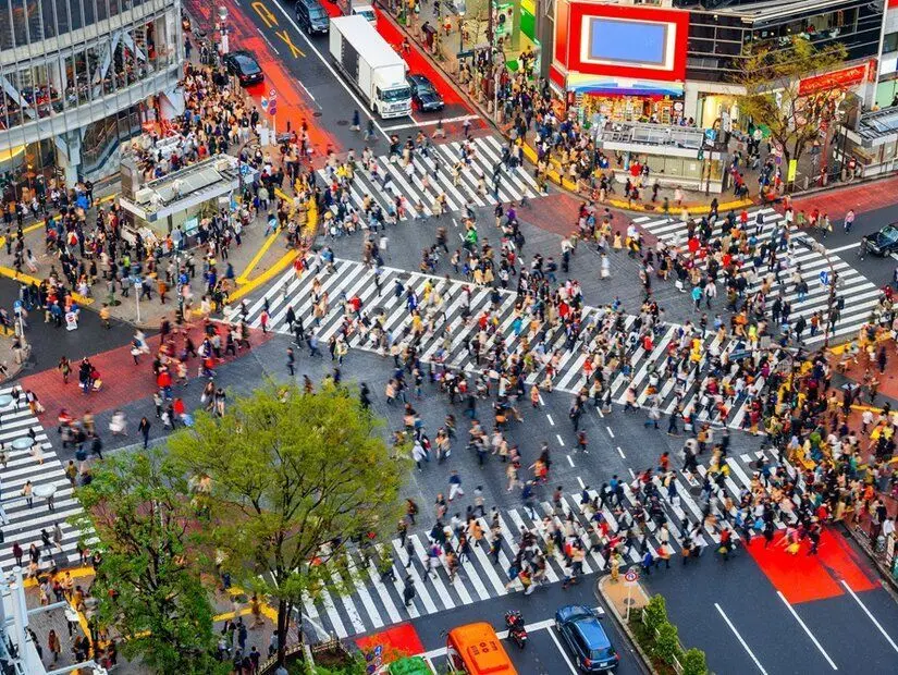 Japonya, Tokyo, Shibuya'da öğleden sonra geç saatlerdeki yaya geçidi ve şehir manzarası.