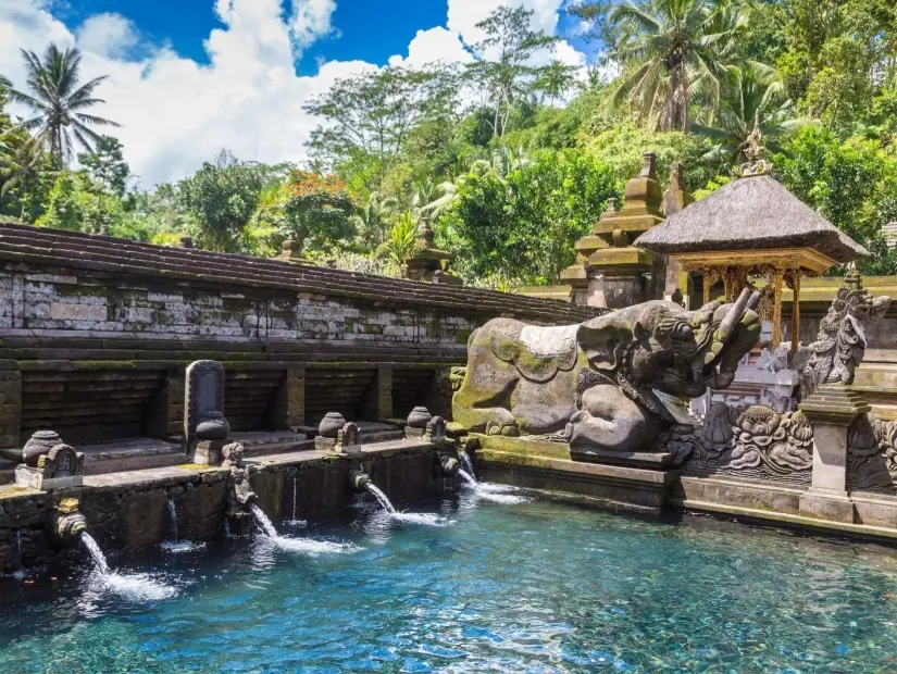 Bali, Endonezya'daki Pura Tirta Empul Tapınağı'ndaki kutsal su havuzu