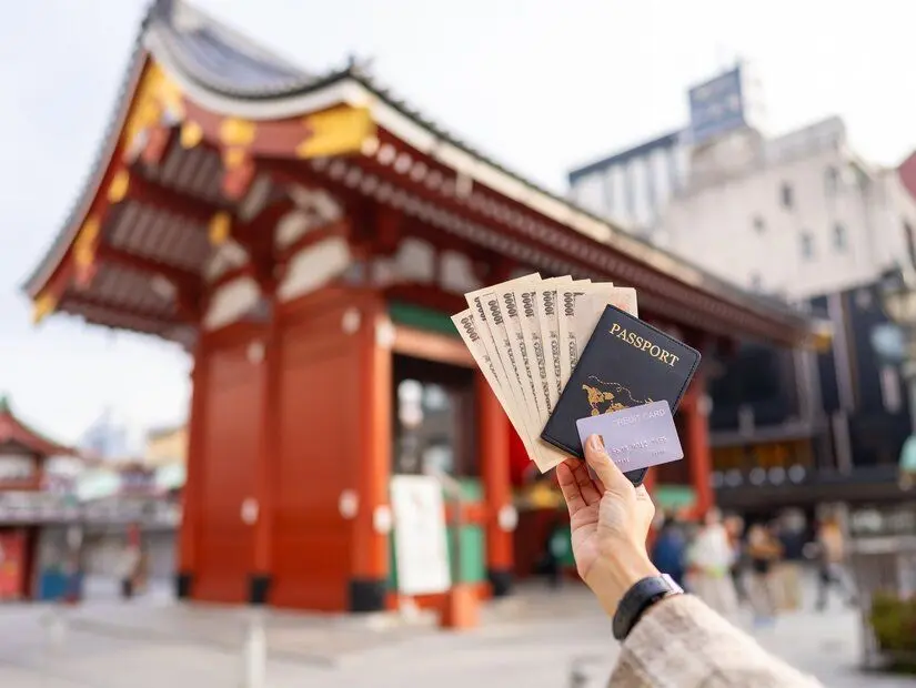 Japonya'nın Tokyo şehrindeki Asakusa'da bulunan Sensoji Tapınağı önünde elinde pasaport, banknot ve kredi kartı tutan Asyalı bir kadın