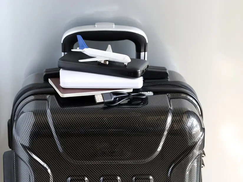 valiz üzerinde pasaport powerbank görünümü
