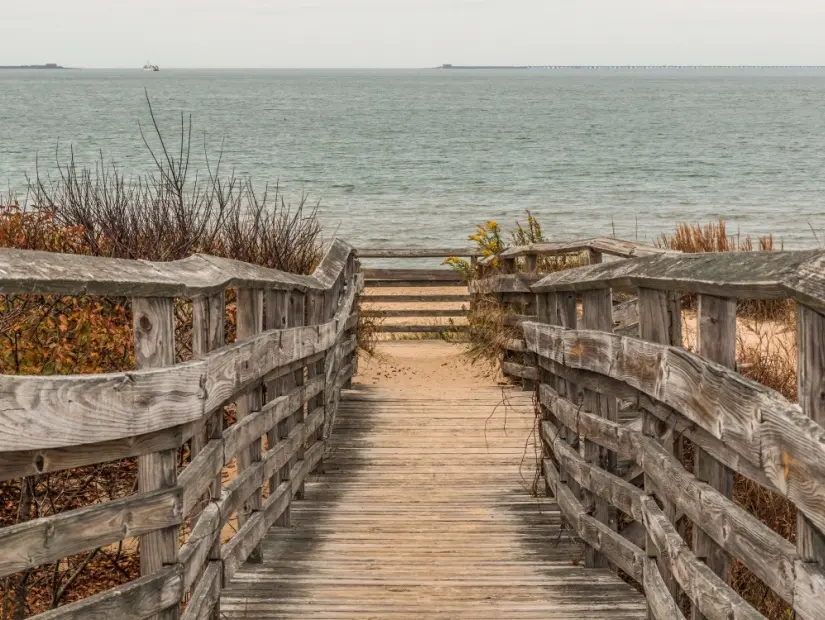 Virginia Beach, Virginia'daki First Landing Eyalet Parkı'nda okyanus geçmişi olan plaja giden yol.