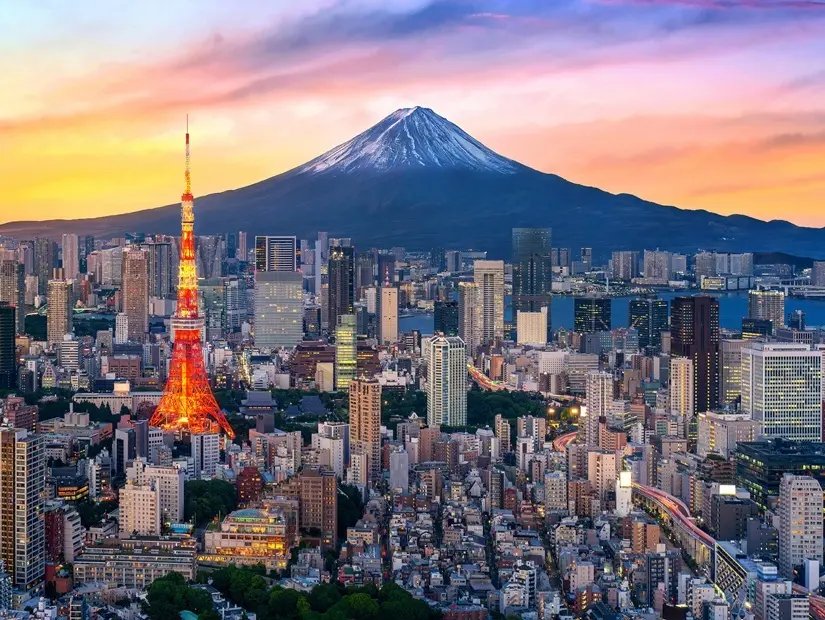 Japonya'da Fuji dağı ile Tokyo şehir manzarasının havadan görünümü.