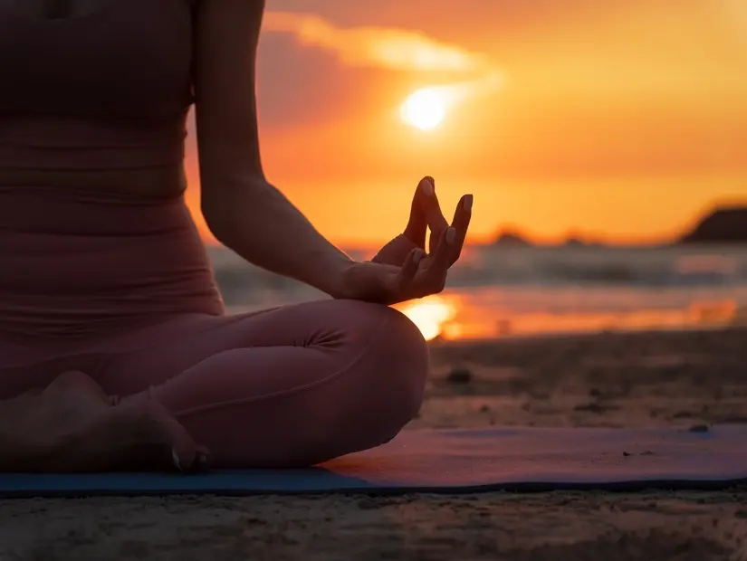 gün batımında sahilde yoga pozunda meditasyon yapan bir kadının eli